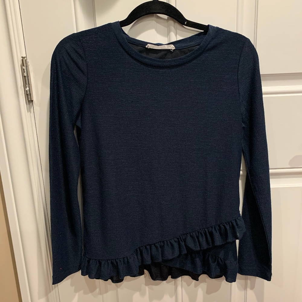 Long Sleeve Navy Ruffle Top